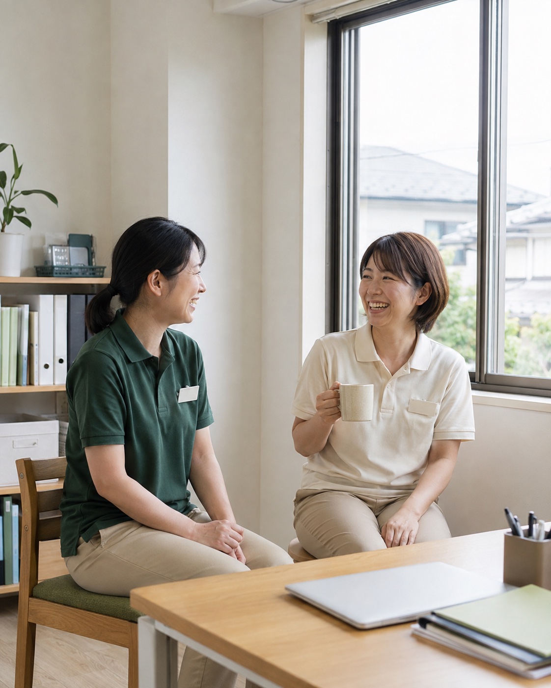 事務所の窓際で休憩しながら笑って話す2人のスタッフ