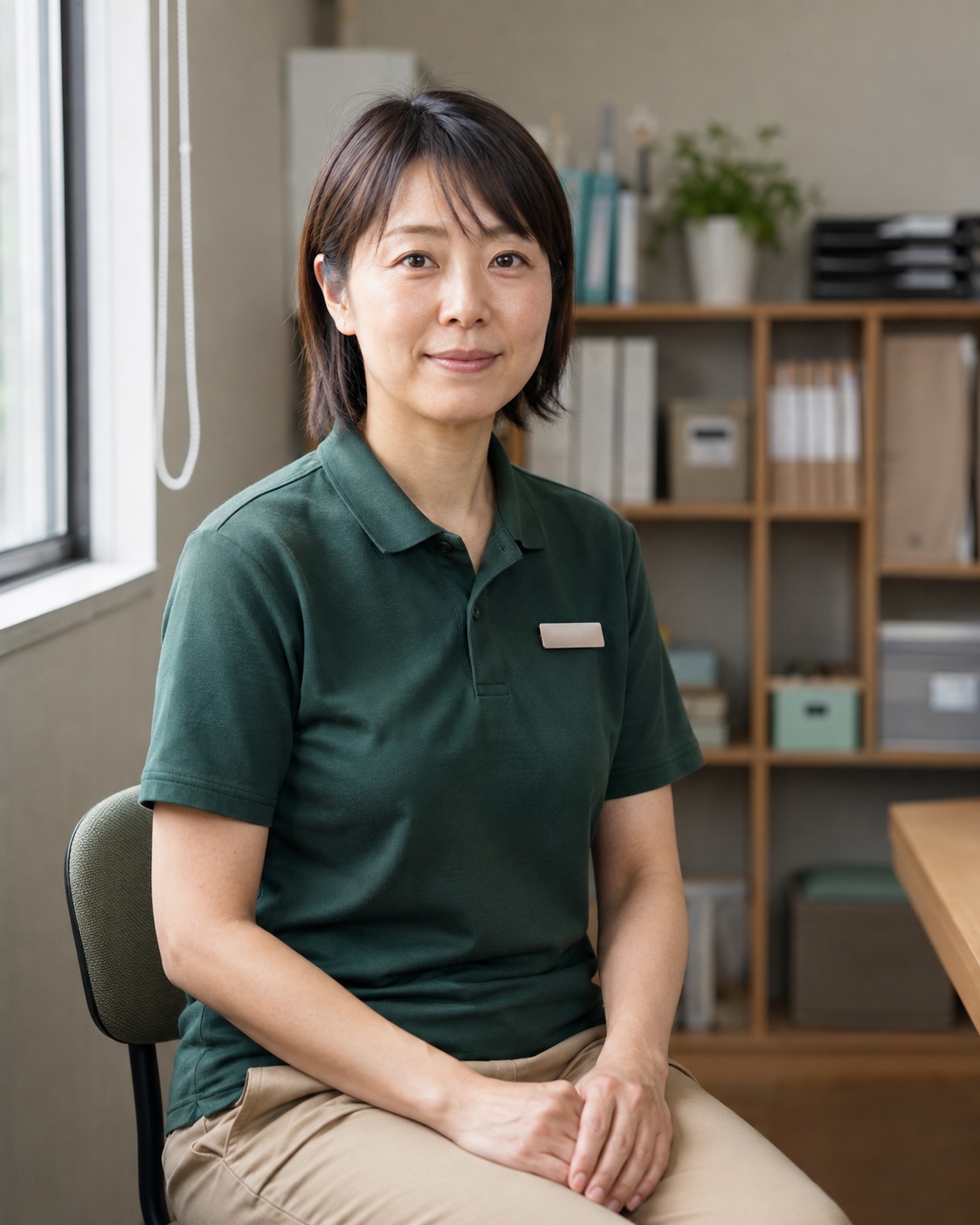 事務所の窓際の椅子に座り、こちらを見て微笑む管理者の藤井