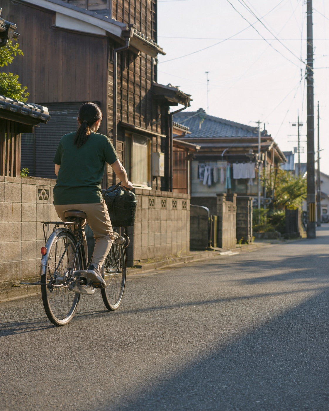 朝の住宅街を、訪問バッグをカゴに載せた自転車で走る看護師の後ろ姿