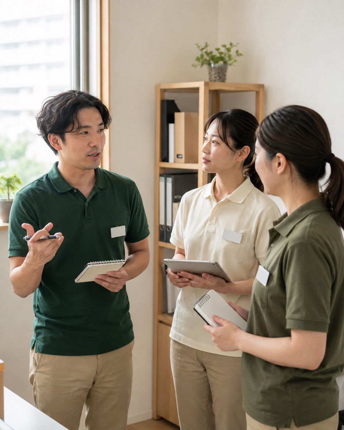 事務所で輪になって立ち、朝のミーティングをするスタッフ3人