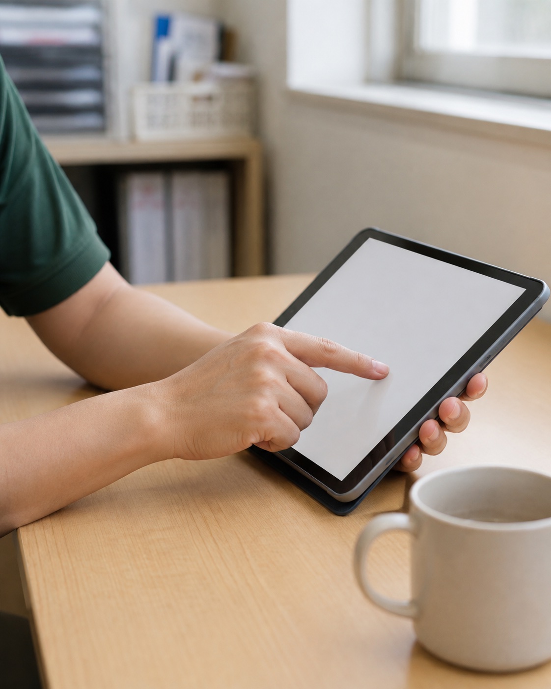 窓際の机でタブレットに記録を入力している手元とコーヒー
