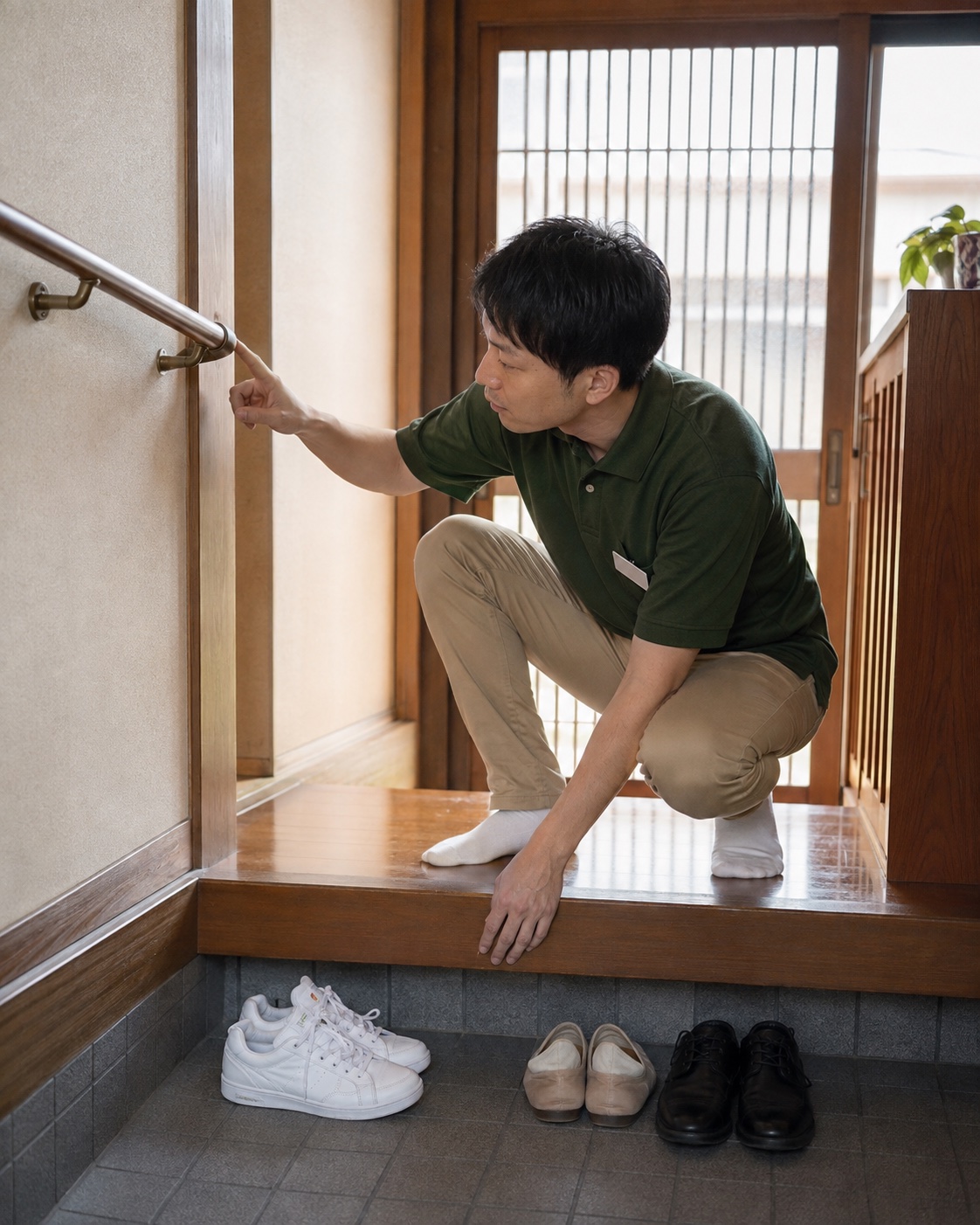 玄関先でしゃがみ、手すりの位置を確認する理学療法士の岡本