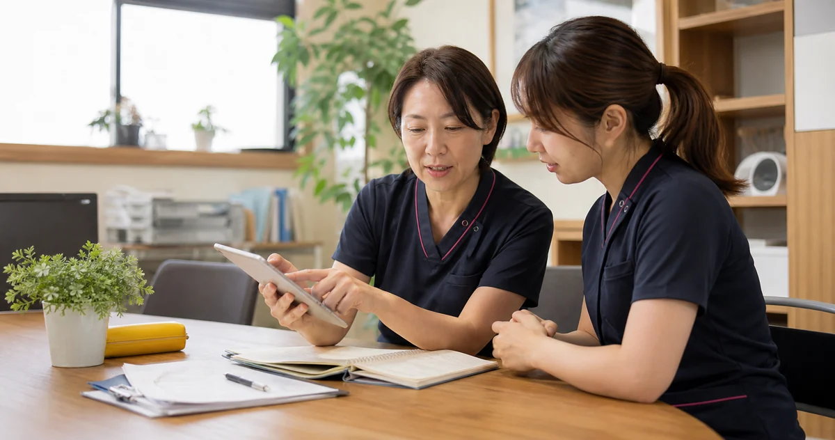 タブレットを見ながら打ち合わせをする看護師とケアマネジャー