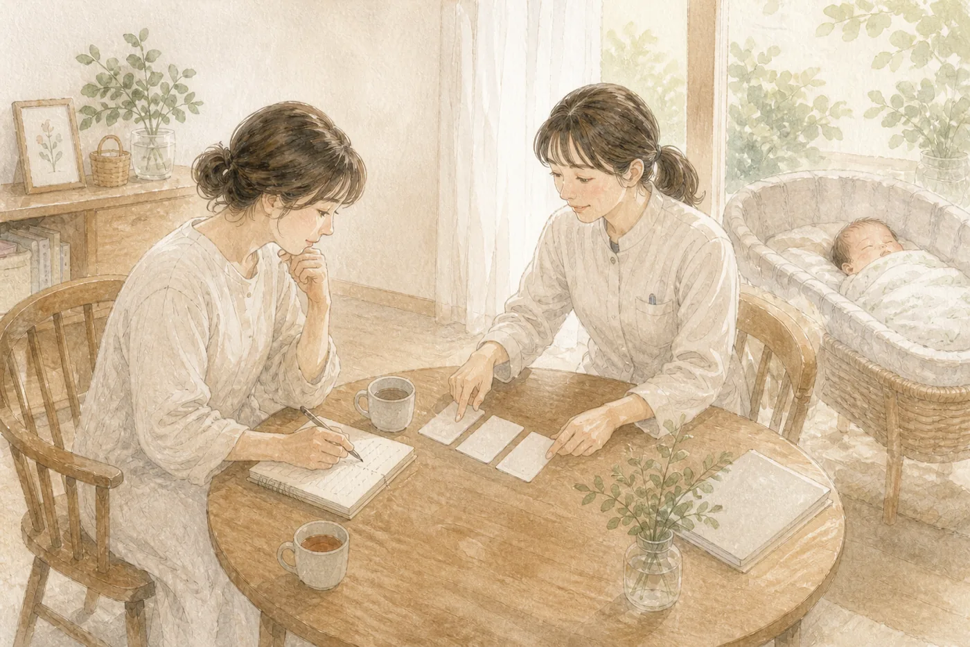 ダイニングテーブルで母親と助産師が話しているイラスト