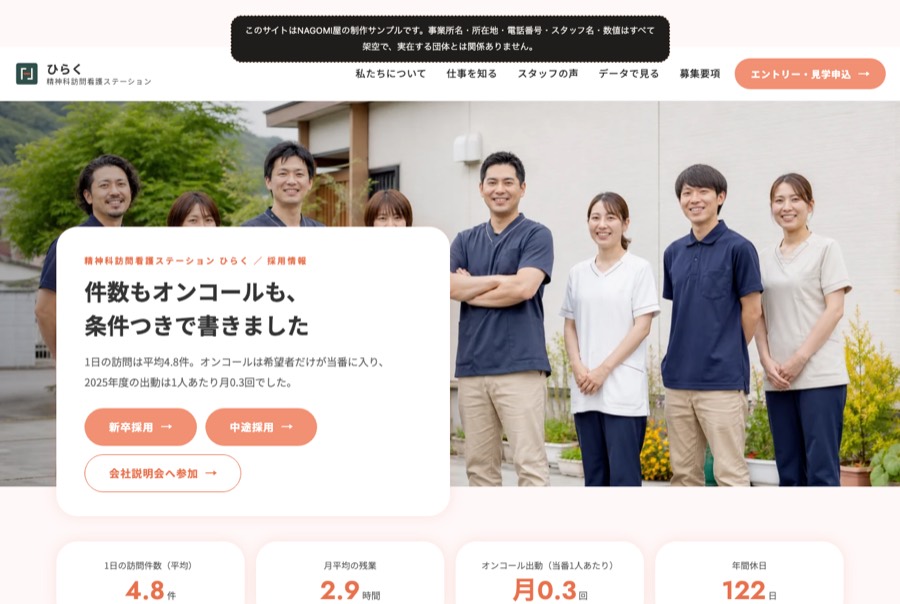 精神科訪問看護ステーション ひらく 採用サイト（制作イメージ）のトップページ